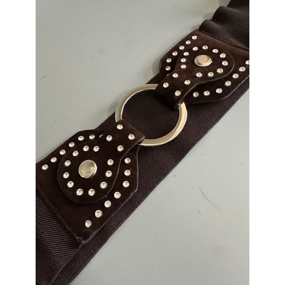 Vintage Brown Elastic‎ Wide Waist Belt Rhinestone Silver O-Ring Cincher 36 Inch